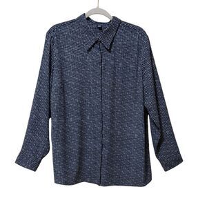 Chaps Geometric Print Semi Shear Blouse Navy 2X Polka Dot Collar Button Front